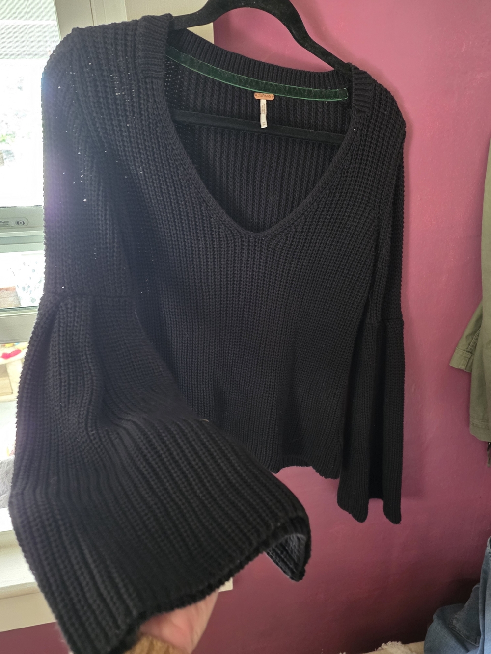 Free People Black V-Neck Bell Sleeve Sweater